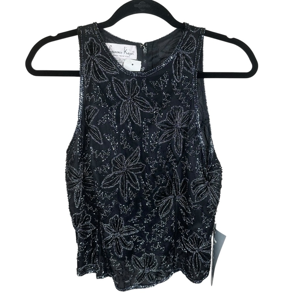 Laurence Kazar Hand Beaded‎ Silk Floral Tank Black Sleeveless Vintage Size M